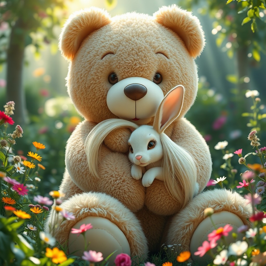 A giant teddy bear gently holding a beautiful female blonde-haired bunny rabbit in a soft and whimsical setting