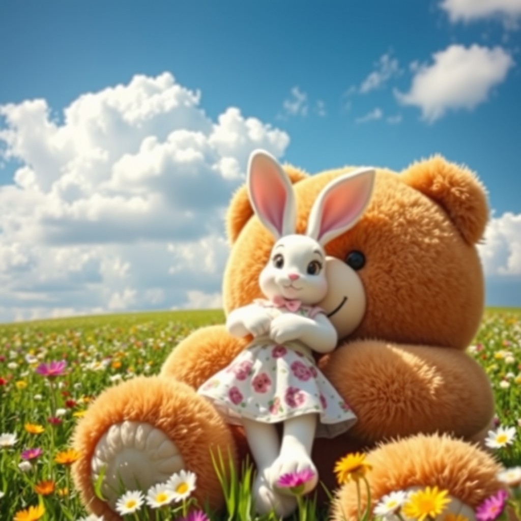 A giant teddy bear gently holding a beautiful, anthropomorphic female bunny rabbit