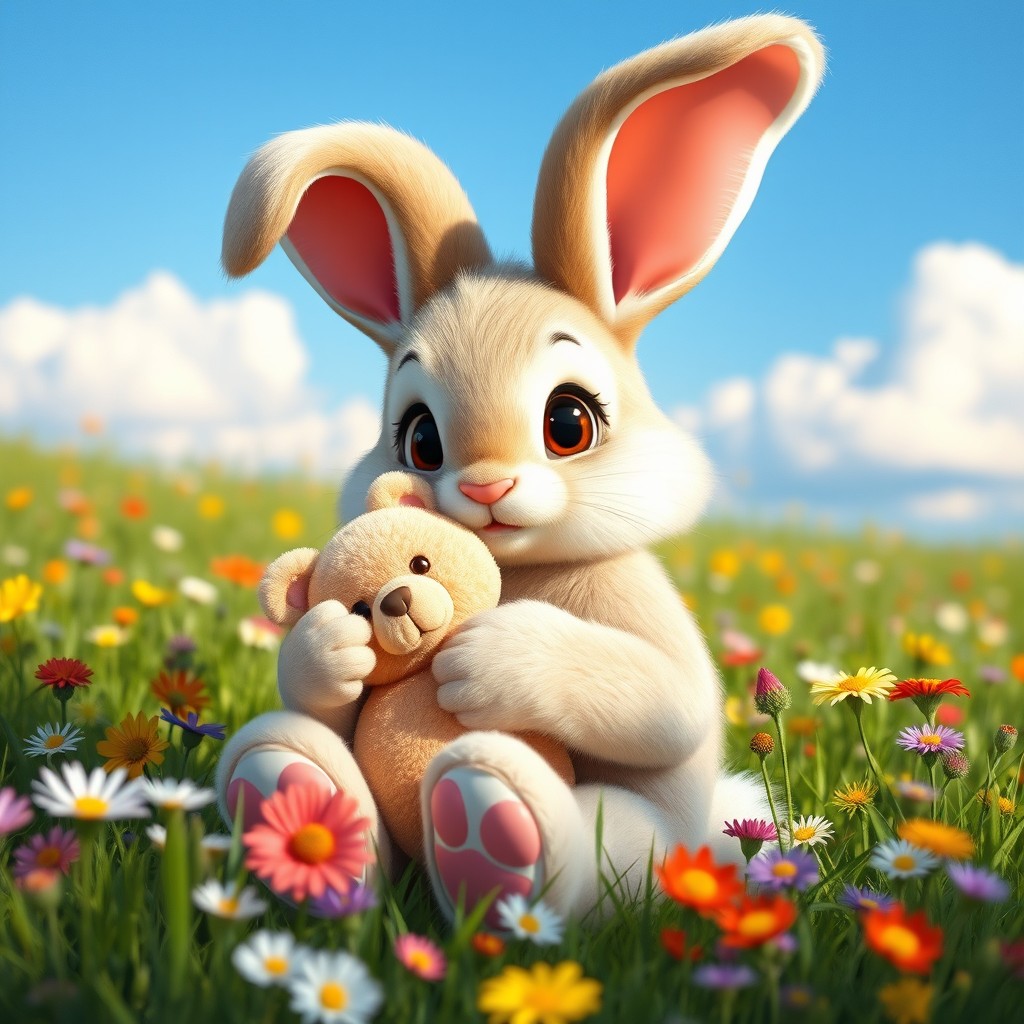 A beautiful female bunny rabbit with soft, fluffy fur, big expressive eyes, and long ears, gently holding a cute, plush teddy bear