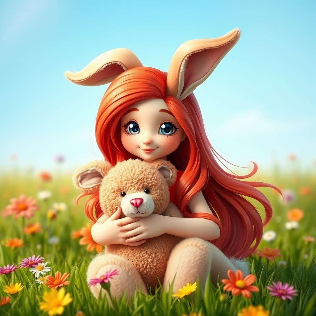 A beautiful and whimsical female red-haired bunny rabbit, with vibrant flowing red fur and bright, expressive eyes