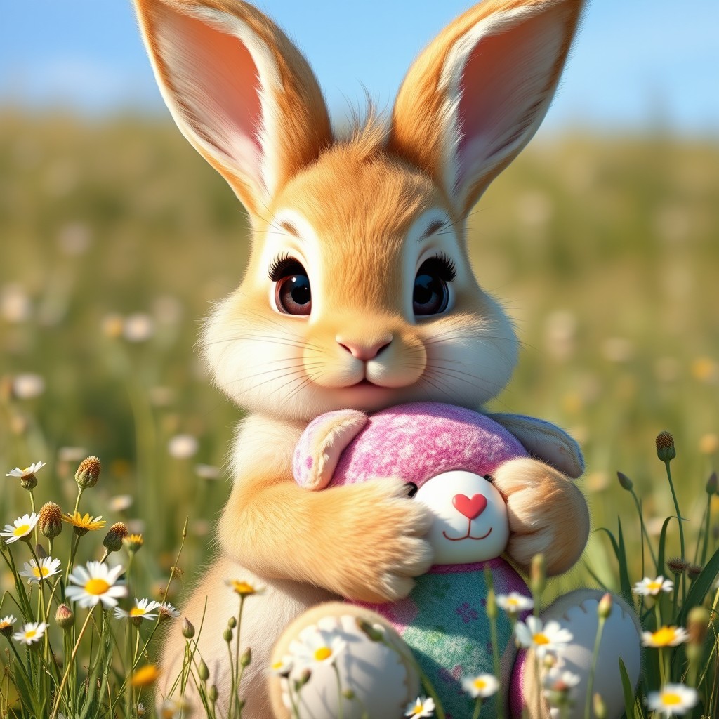 A beautiful female blonde haired bunny rabbit with large, expressive eyes and soft, fluffy fur