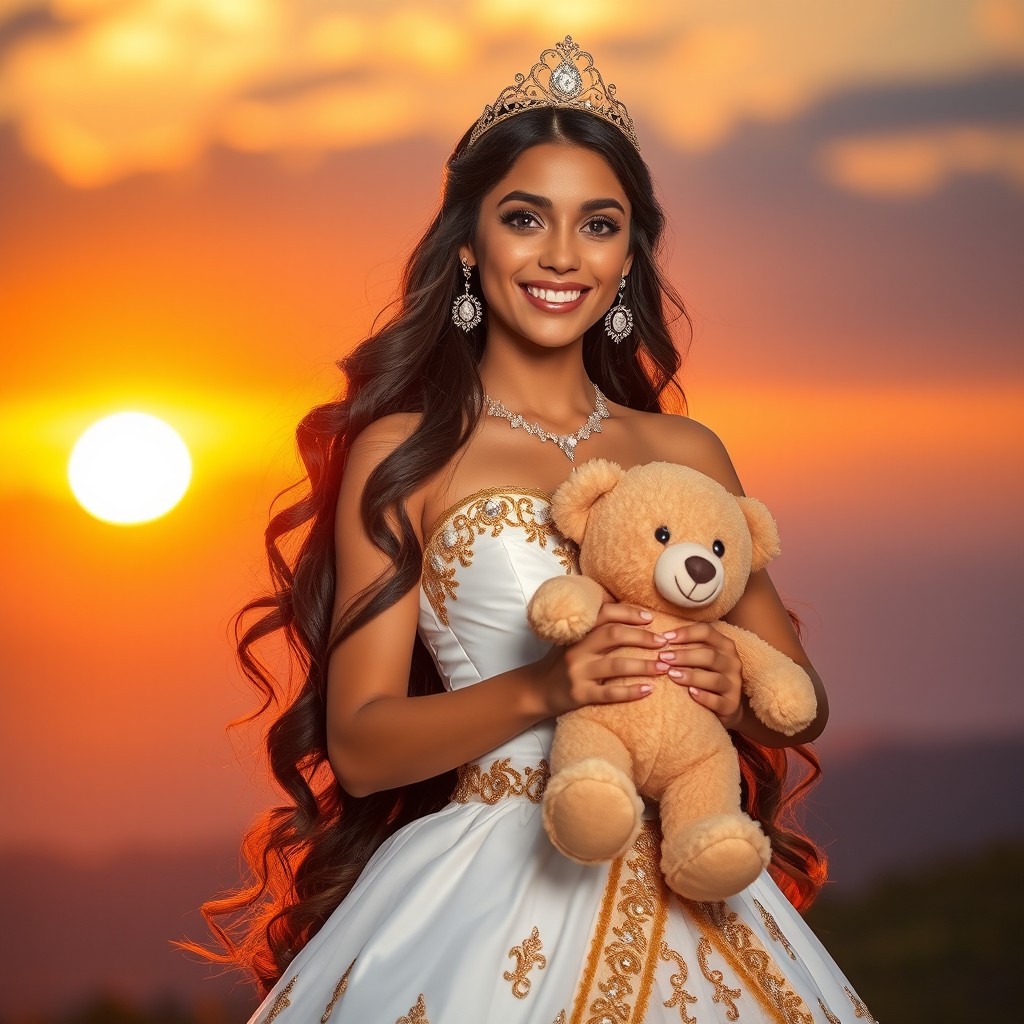A beautiful Latina princess wearing an elegant white and gold dress, standing gracefully and holding a soft teddy bear, with a breathtaking sunset in the background casting warm, golden hues across the scene