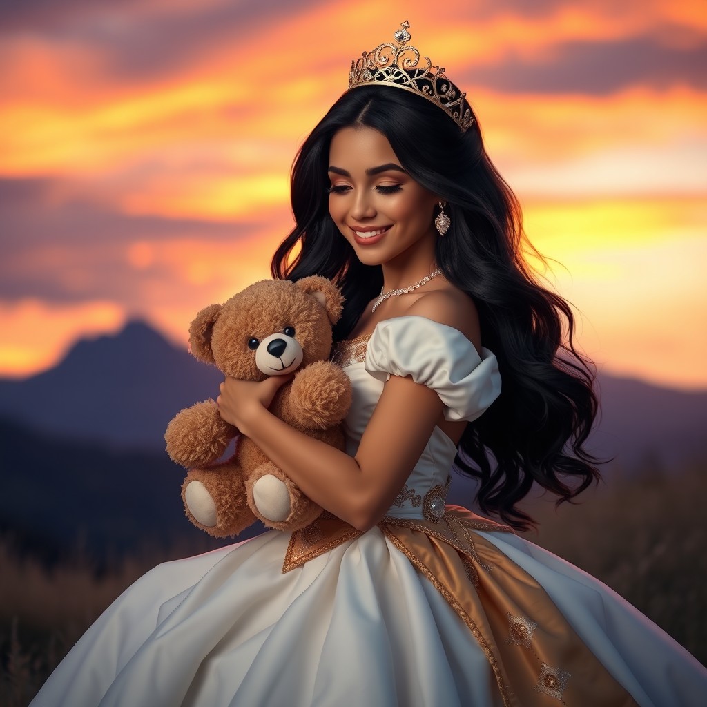 A beautiful Latina princess in an elegant white and gold dress, gracefully holding a teddy bear