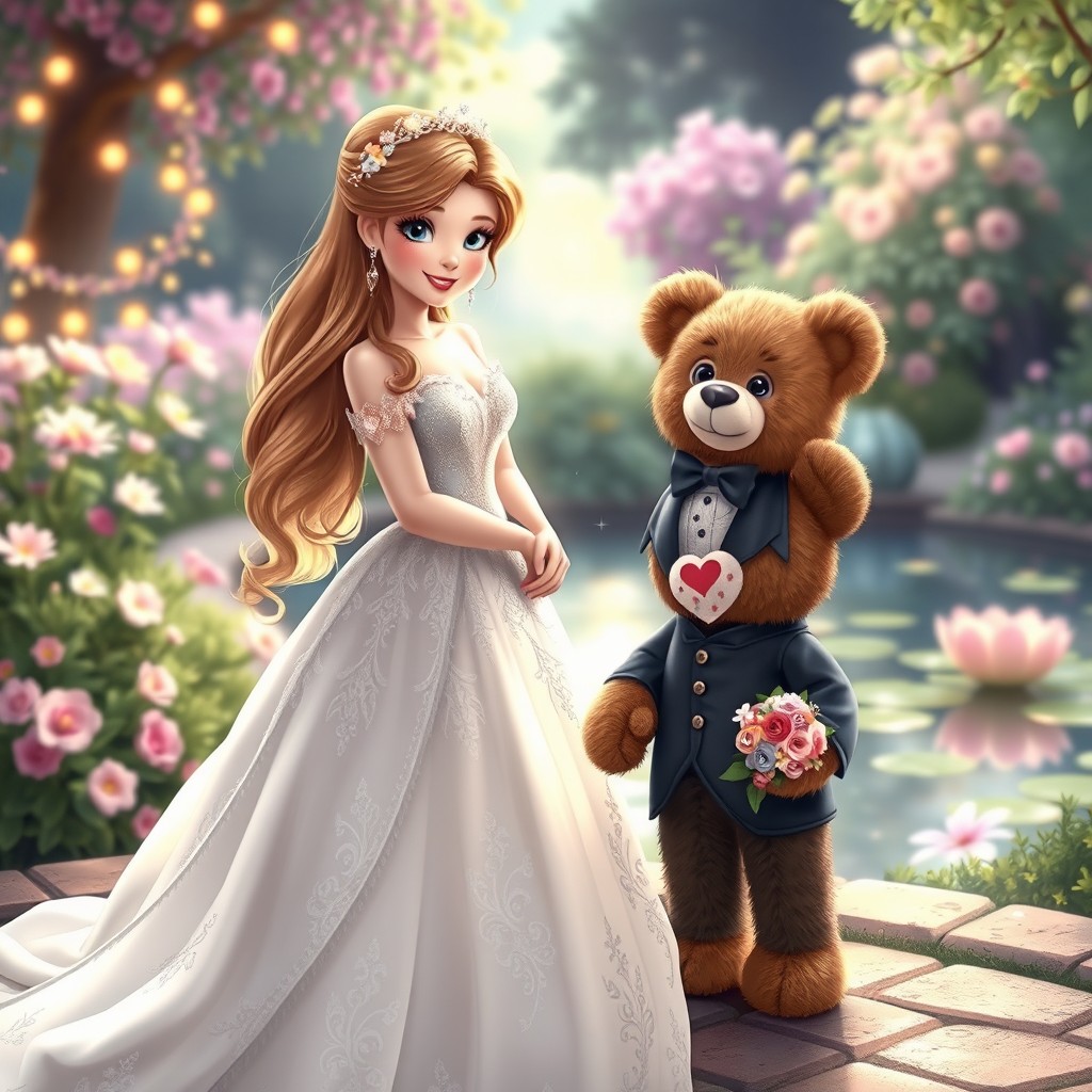 A beautiful princess in an elegant, flowing gown adorned with intricate lace and soft pastel colors, standing beside a charming teddy bear dressed in a miniature tuxedo