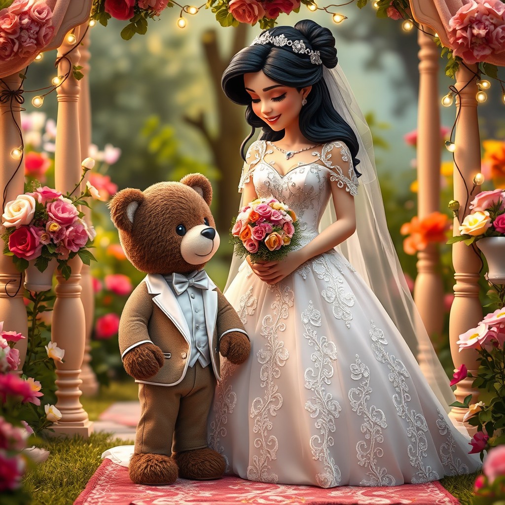 A whimsical scene in a fairytale setting featuring a dark-haired princess in a beautiful, elegant wedding gown adorned with intricate lace and sparkling details
