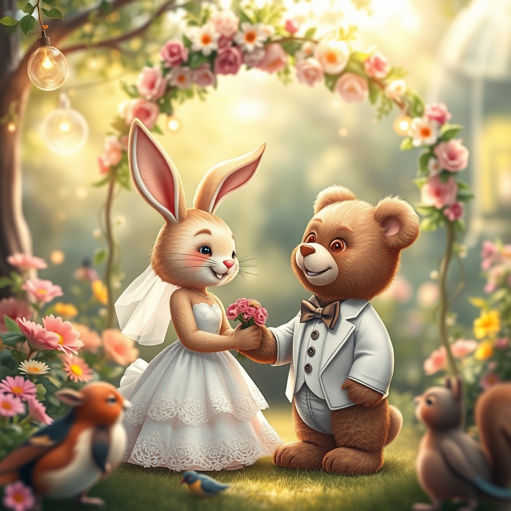 A whimsical scene depicting a red-haired bunny rabbit and a charming teddy bear getting married in a beautiful outdoor setting