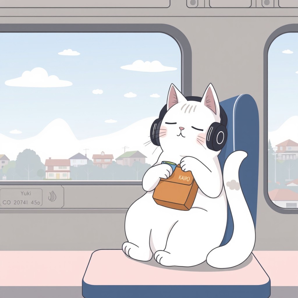 A minimalist anime-style illustration of Yuki, the traveling cat mascot from Kairo Lofi