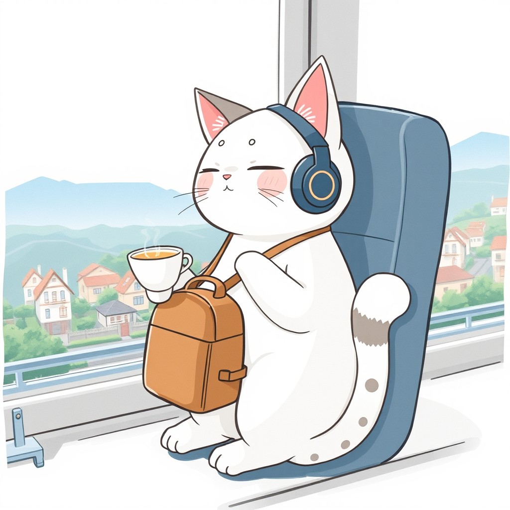 A whimsical illustration of Yuki, the traveling cat mascot for Kairo Lofi