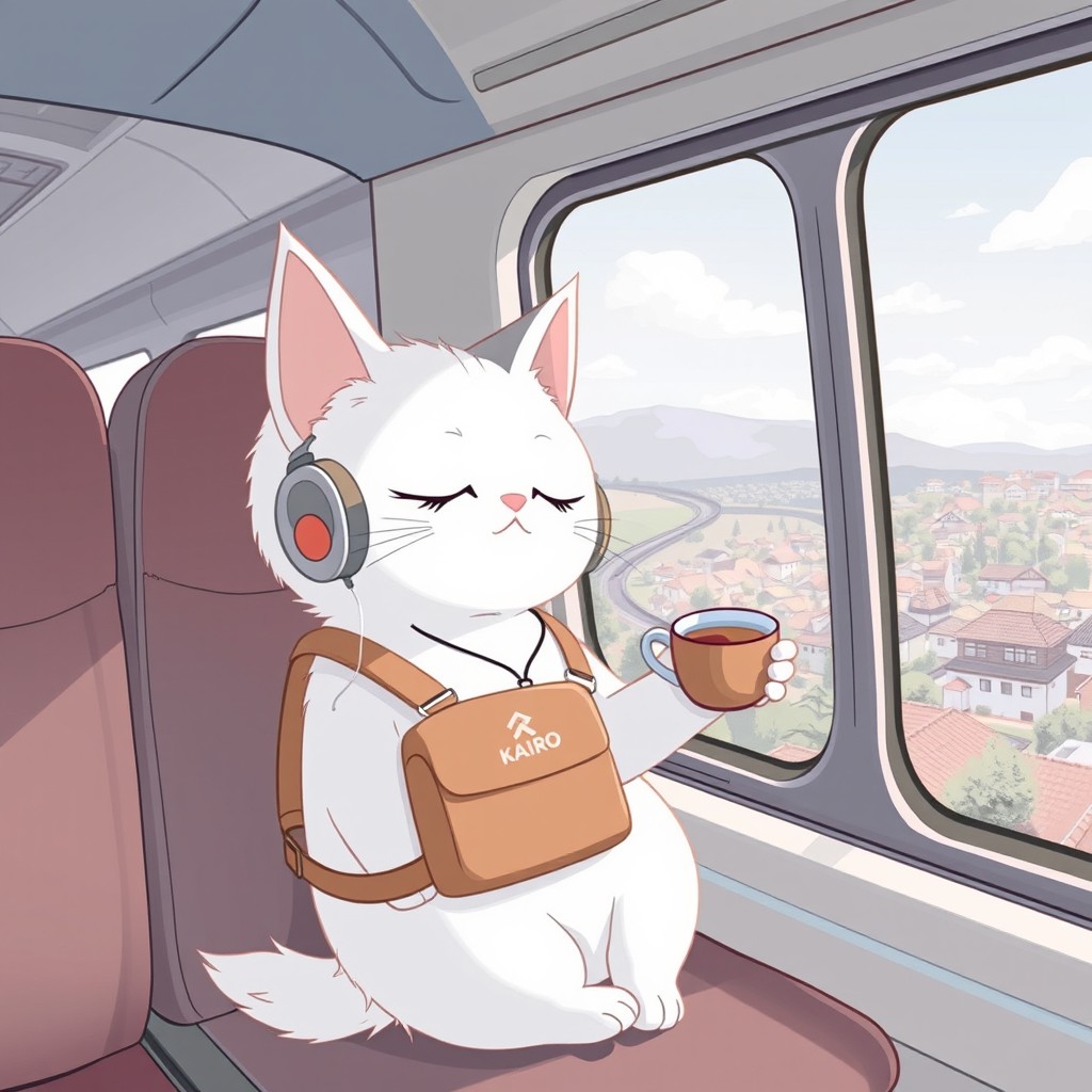 An enchanting illustration of Yuki, the traveling cat mascot of Kairo Lofi