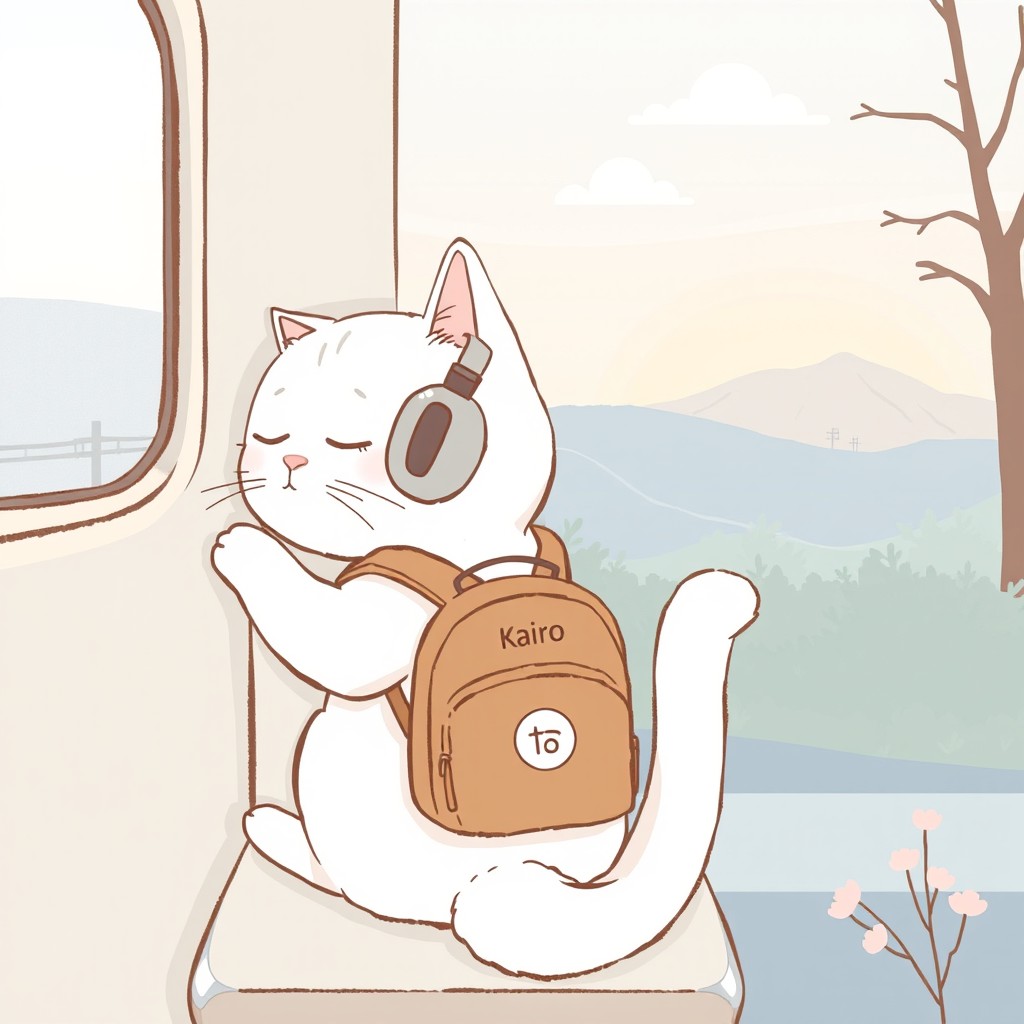 A charming illustration of Yuki, the traveling cat mascot of Kairo Lofi