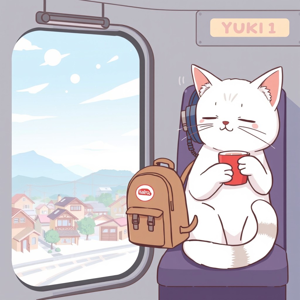 An adorable illustration of Yuki, the traveling cat mascot of Kairo Lofi