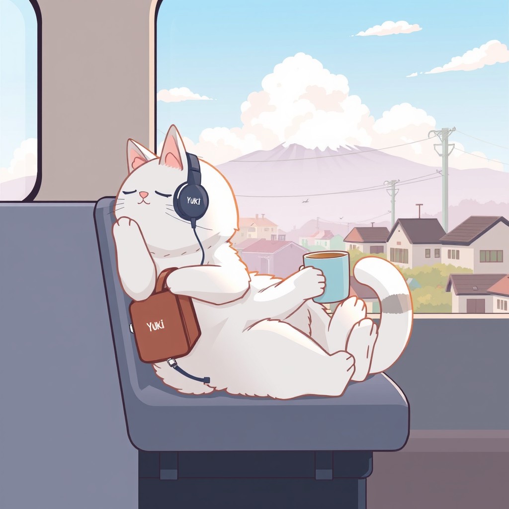 A delightful illustration of Yuki, the Kairo Lofi mascot, who is a traveling cat