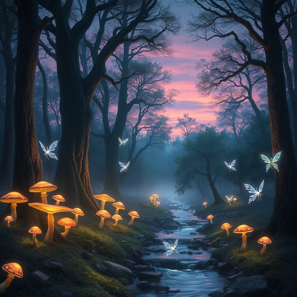 A magical forest at twilight, with tall ancient trees and glowing mushrooms illuminating the ground