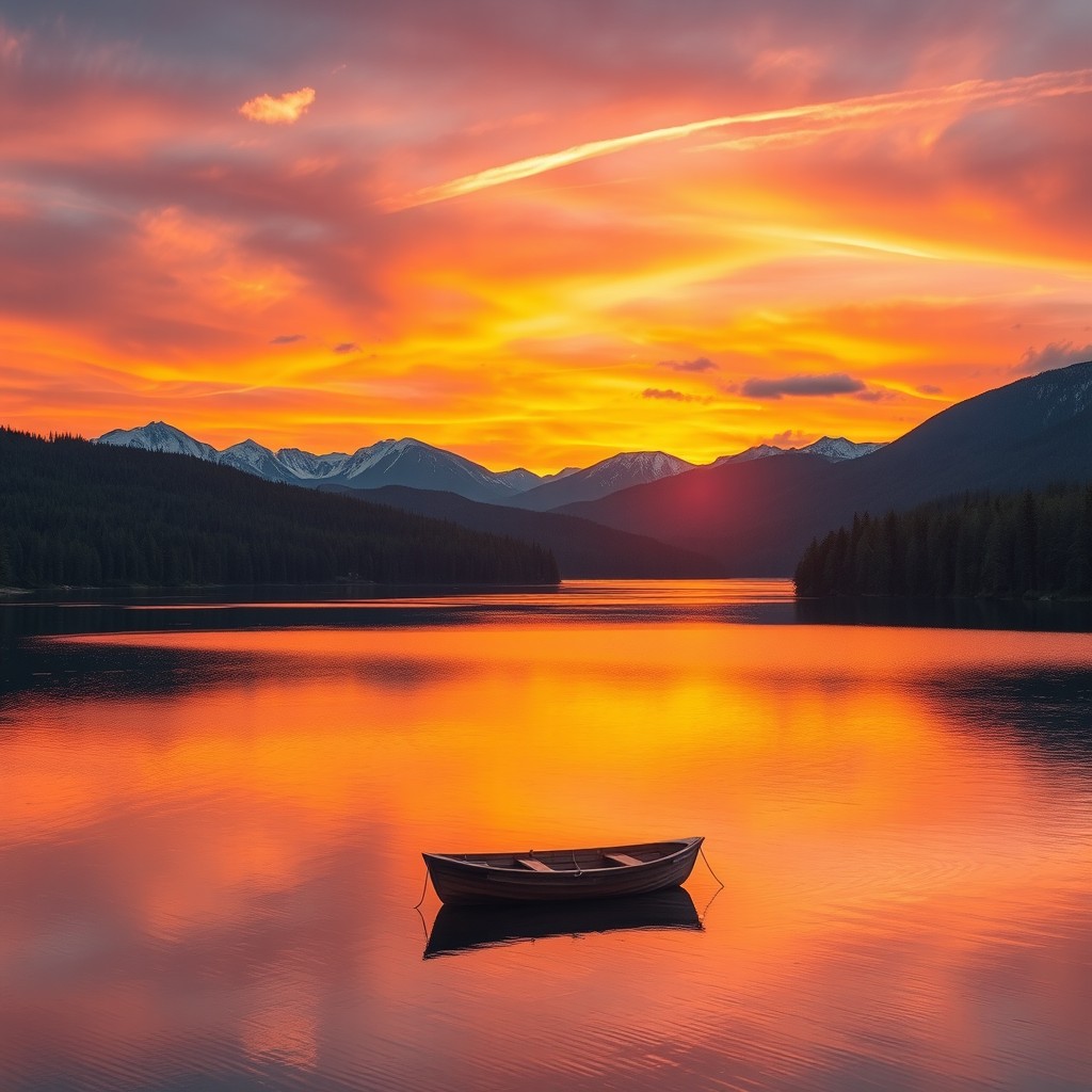 A majestic sunset over a tranquil lake surrounded by lush green forests and snow-capped mountains in the distance