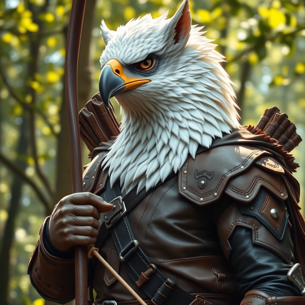 A majestic and realistic anthropomorphic ranger archer with the striking features of a white eagle as a person