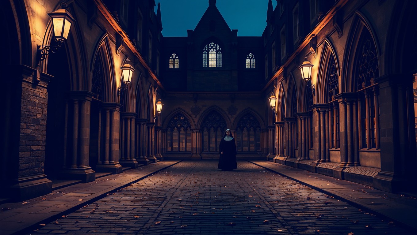 A beautifully lit scene depicting the cloister of an old Gothic convent in London during the year 1860, at night with a gentle illumination from gas lamps
