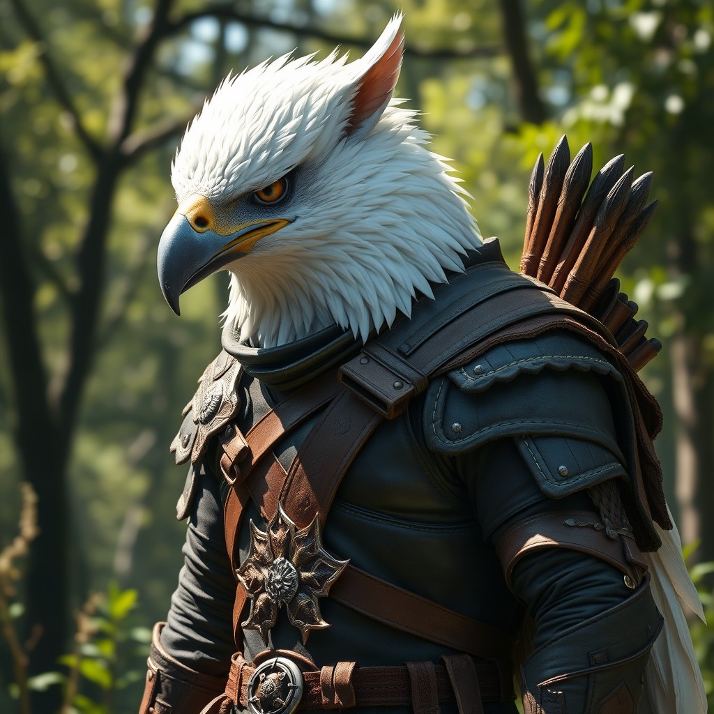 A majestic and realistic anthropomorphic ranger archer, featuring the elegant characteristics of a white eagle in a humanoid form