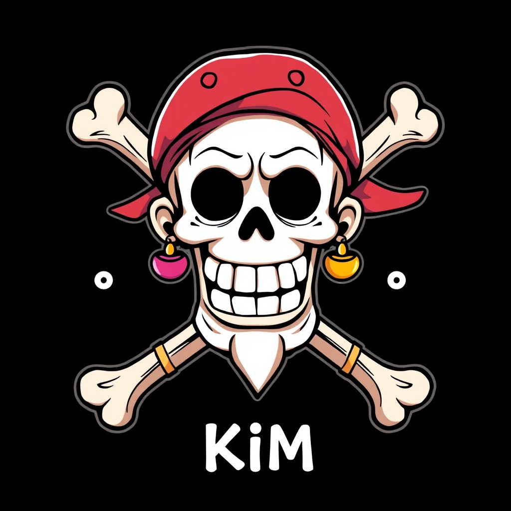 A unique Jolly Roger design specifically for Kim from One Piece, featuring a skull and crossbones theme with distinctive embellishments that reflect Kim's character