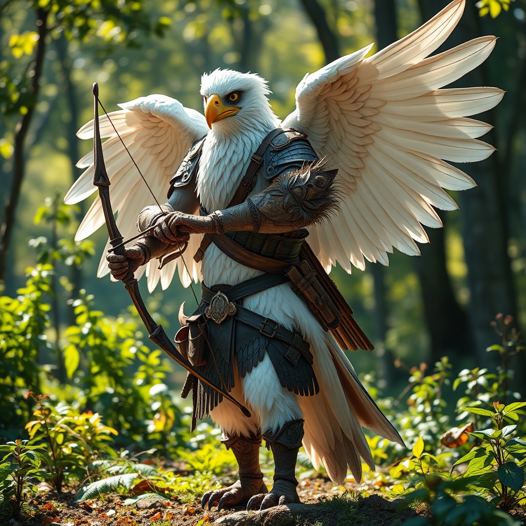 A majestic hyper-realistic anthropomorphic ranger archer styled as an Aarakocra from Dungeons and Dragons, featuring the striking appearance of a white eagle in humanoid form