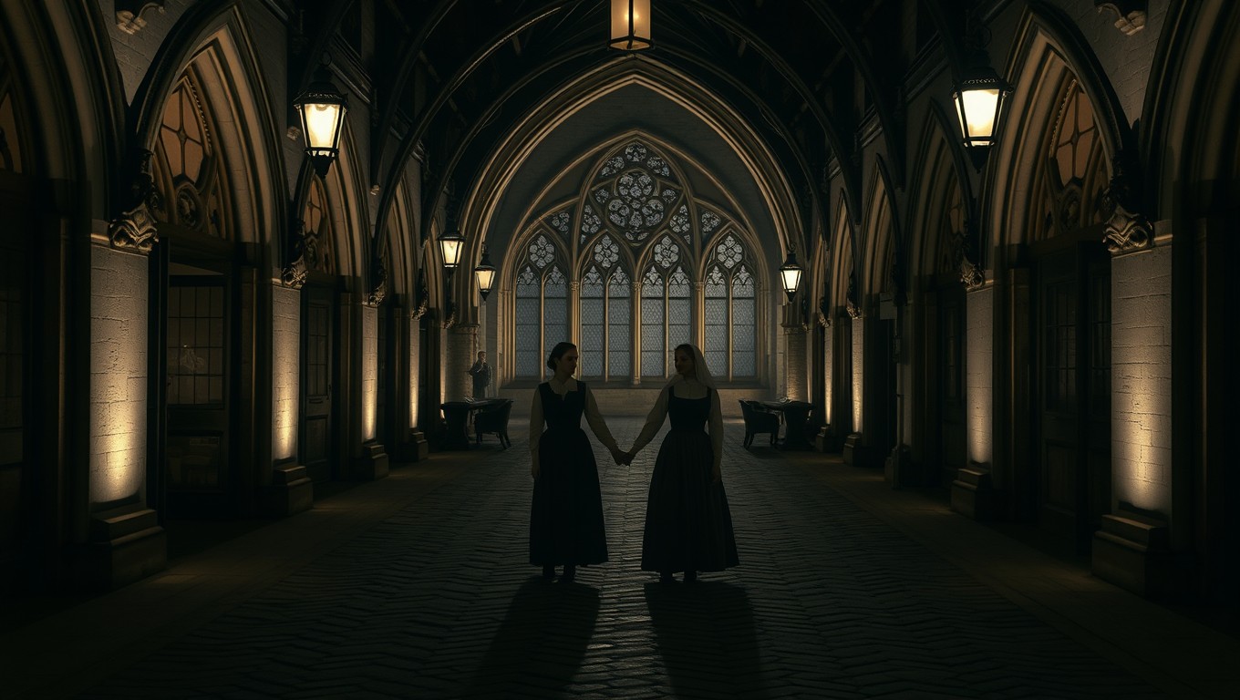 A captivating scene set in the covered cloister of a former Gothic convent in London during the year 1860, illuminated by the soft glow of gas lamps that create an inviting atmosphere without making the scene too dark