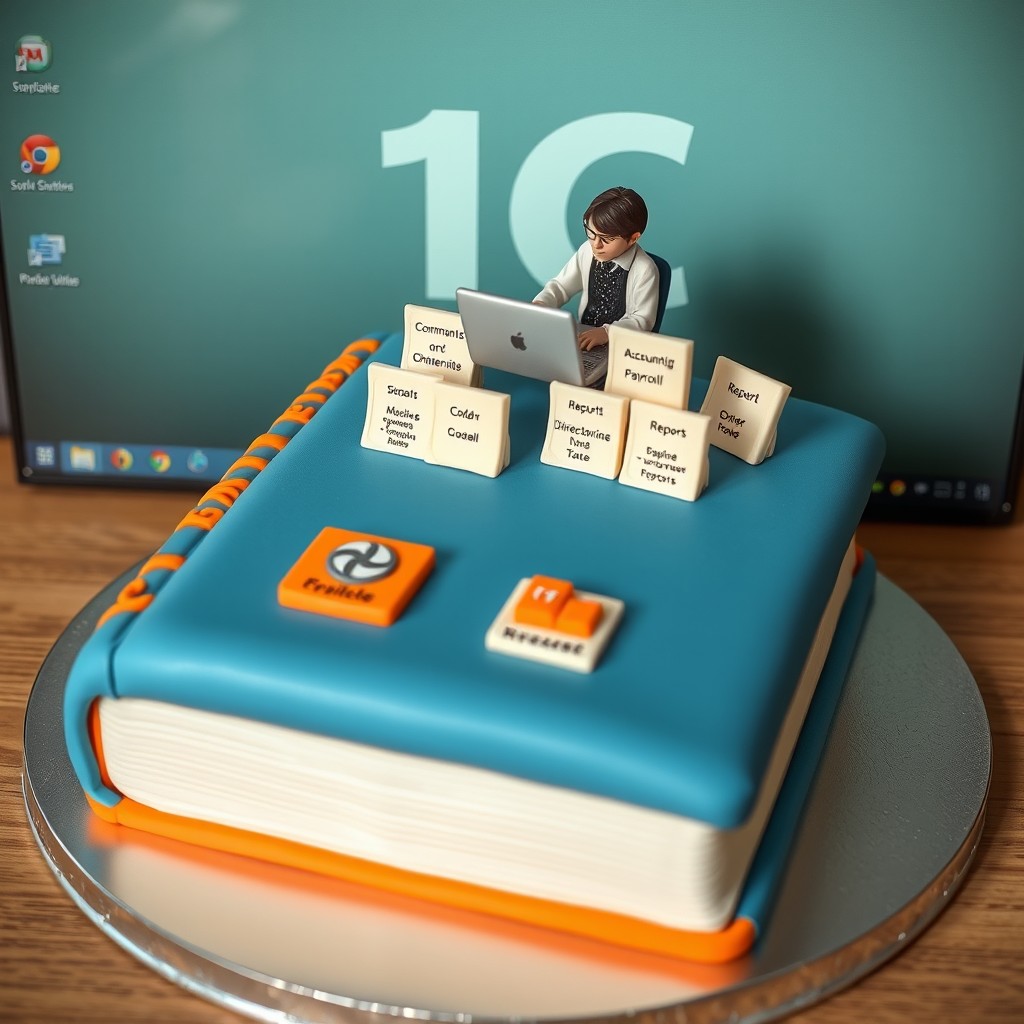 A realistic corporate-style cake inspired by the 1C:Enterprise software interface