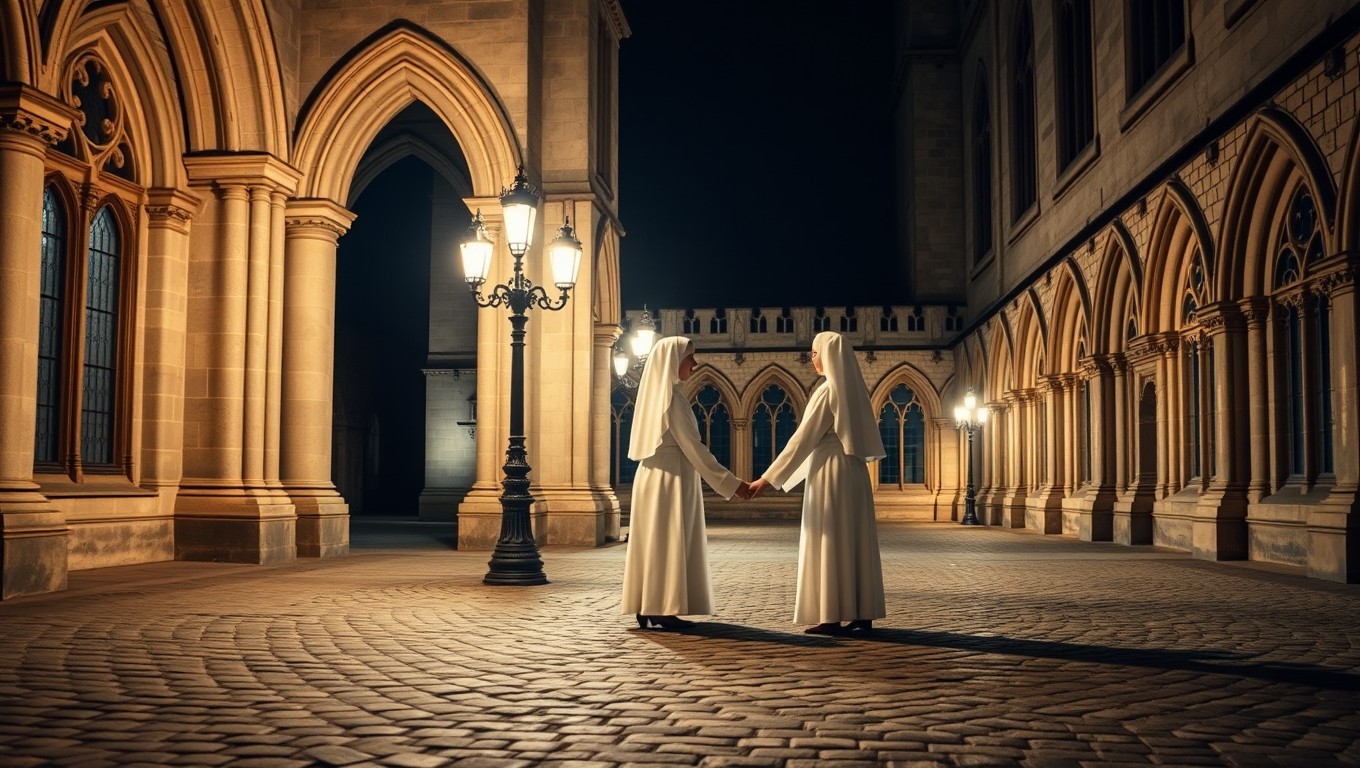 A serene scene set in the cloister of a Gothic convent in London during the year 1860, illuminated at night by the soft, warm glow of gas lamps that create a gentle brightness without overpowering darkness