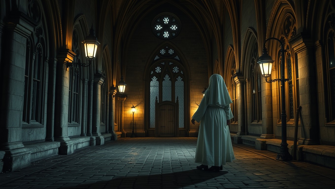 A haunting yet serene scene set in the cloister of a Gothic convent in London during the year 1860, illuminated at night by the warm glow of gas lamps that provide a soft brightness, ensuring the surroundings are not too dark