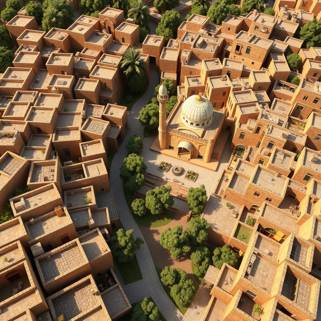 A detailed 3D aerial view of a traditional-modern residential neighborhood in Abu Qalqal city, showcasing narrow winding streets lined with closely built houses made of mud brick and stone