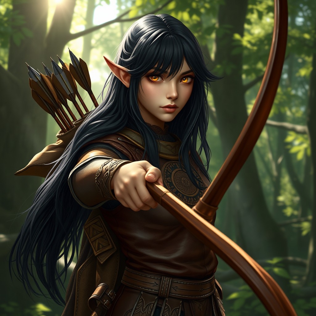 An androgynous half-elf druid/ranger character with long dark hair cascading down, striking bright expressive eyes that capture a sense of wisdom and adventure