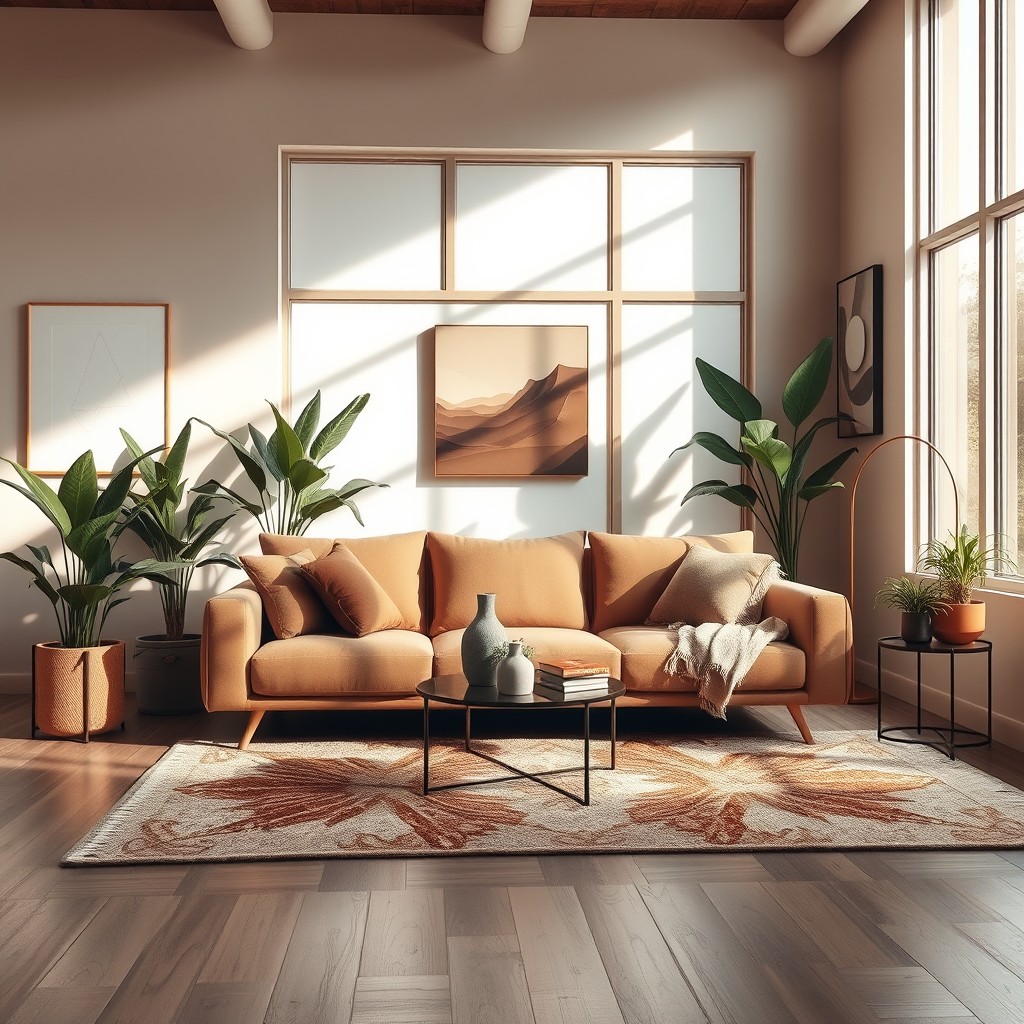 A modern and stylish interior living room featuring a cozy sofa and elegant decor