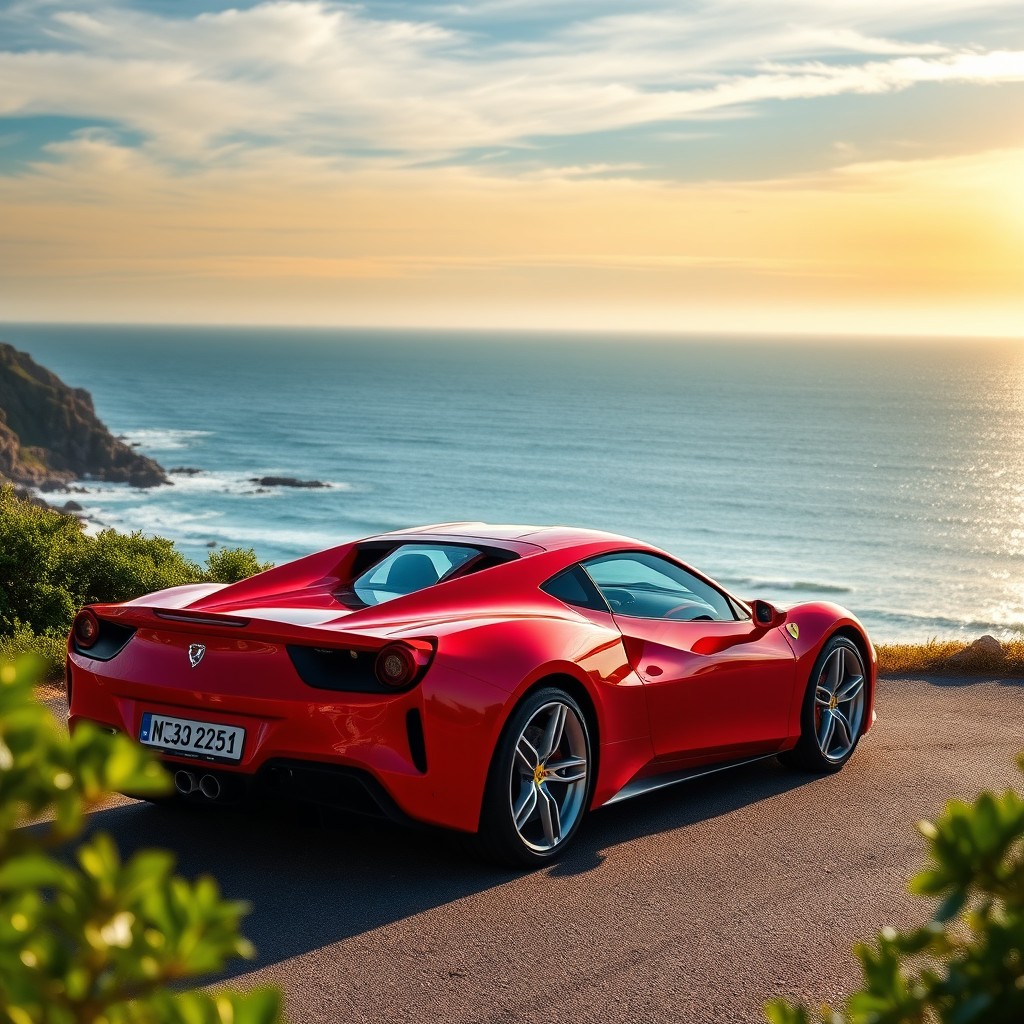 A striking red sports car parked on a scenic coastal road, showcasing its sleek lines and aerodynamic design