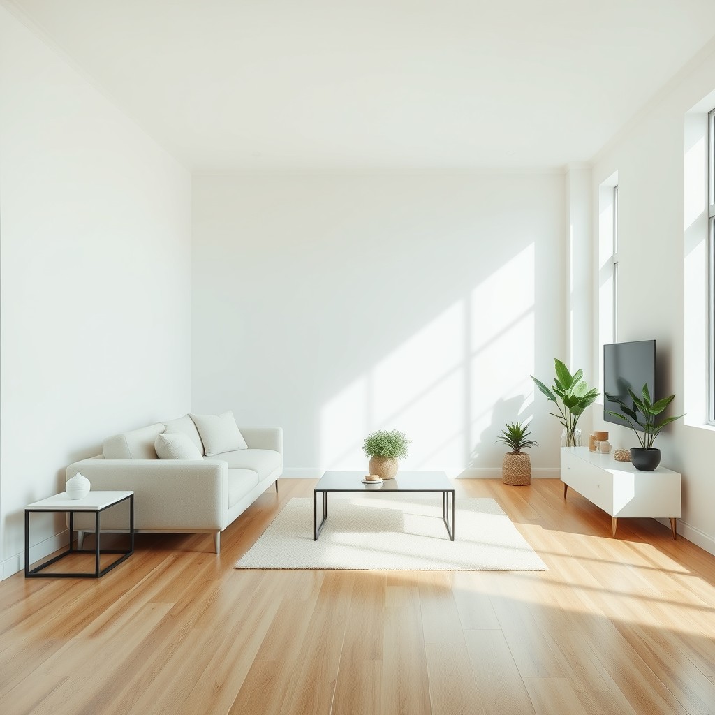 A clean and tidy living room showcasing a minimalist design