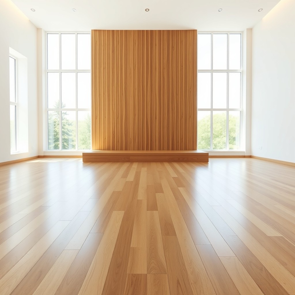 A clean and spacious living room devoid of furniture, showcasing a beautifully polished wooden floor