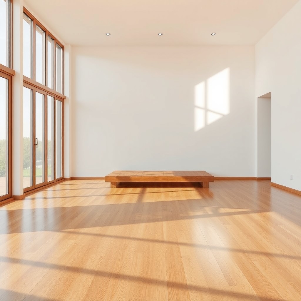 A clean and empty living room featuring a polished wooden floor
