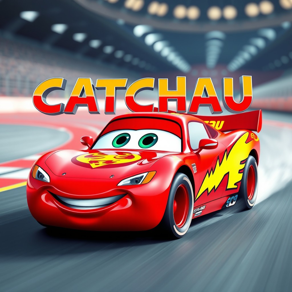 A highly detailed 3D style scene featuring a vibrant red cartoon race car inspired by Lightning McQueen