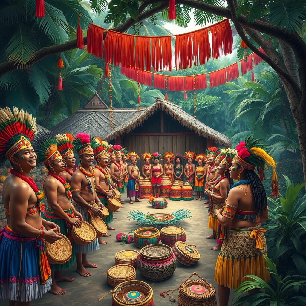A vibrant portrayal of the Ye'kuana village in Arawana preparing for the Sebucan dance
