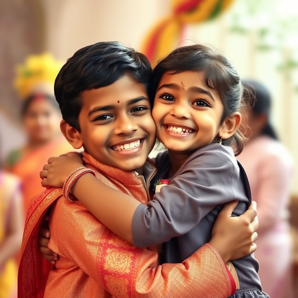 A warm and heartfelt scene featuring an Indian boy with a familiar smile, illuminating the face of a girl during a pure and emotional reunion