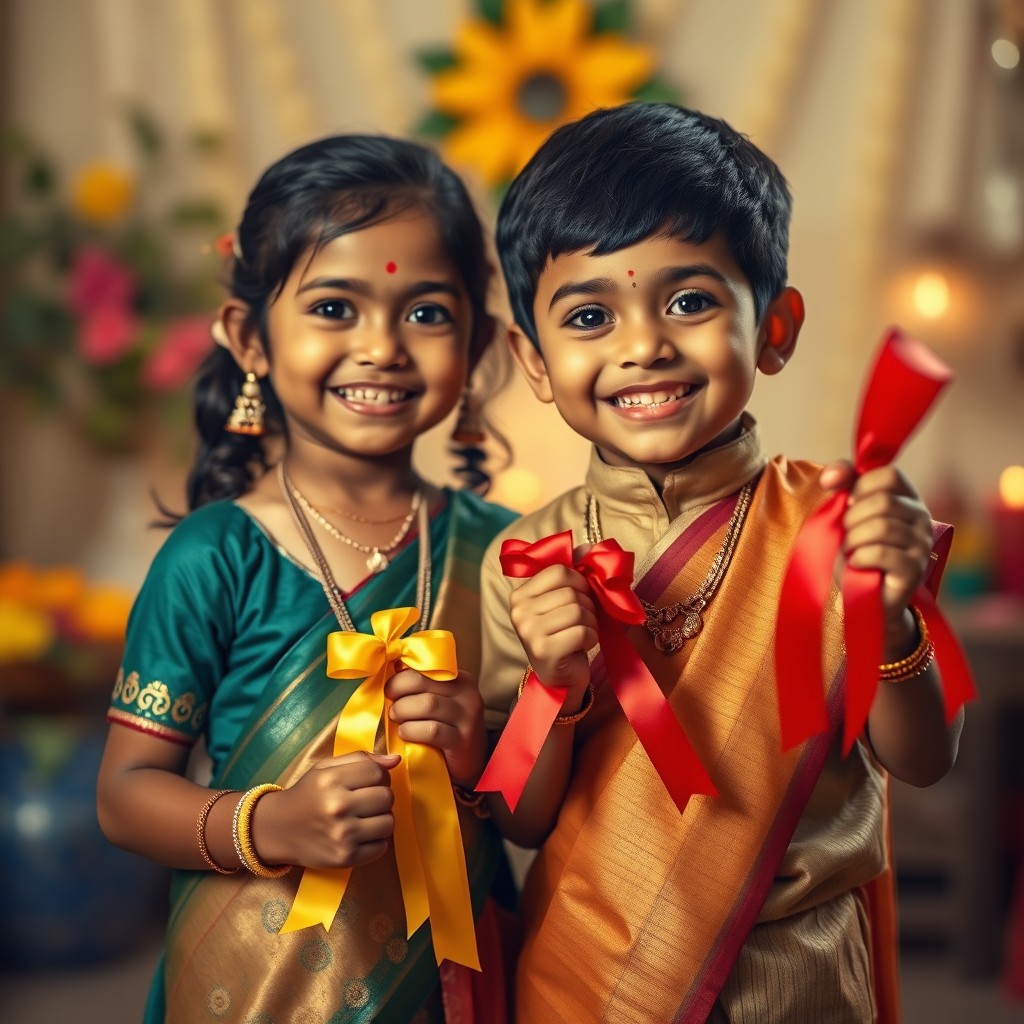 A heartwarming continuation of the scene featuring the same Indian boy and girl, now holding brightly colored ribbons