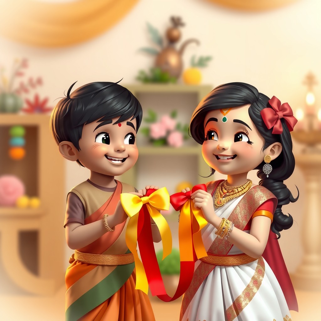 A continuation of the heartwarming scene featuring the same Indian boy and girl, with the girl holding a cheerful yellow ribbon and the boy holding a vibrant red ribbon