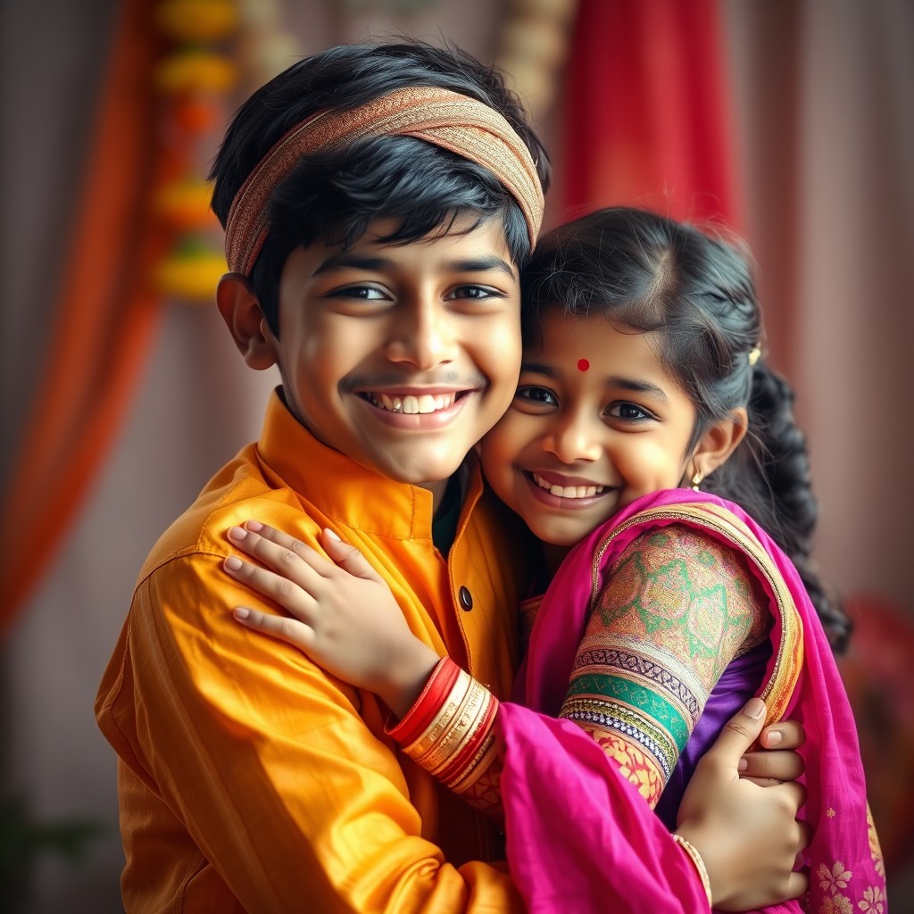 A captivating and emotional scene depicting the same Indian boy with a familiar smile, once again illuminating the face of a girl during their heartwarming reunion