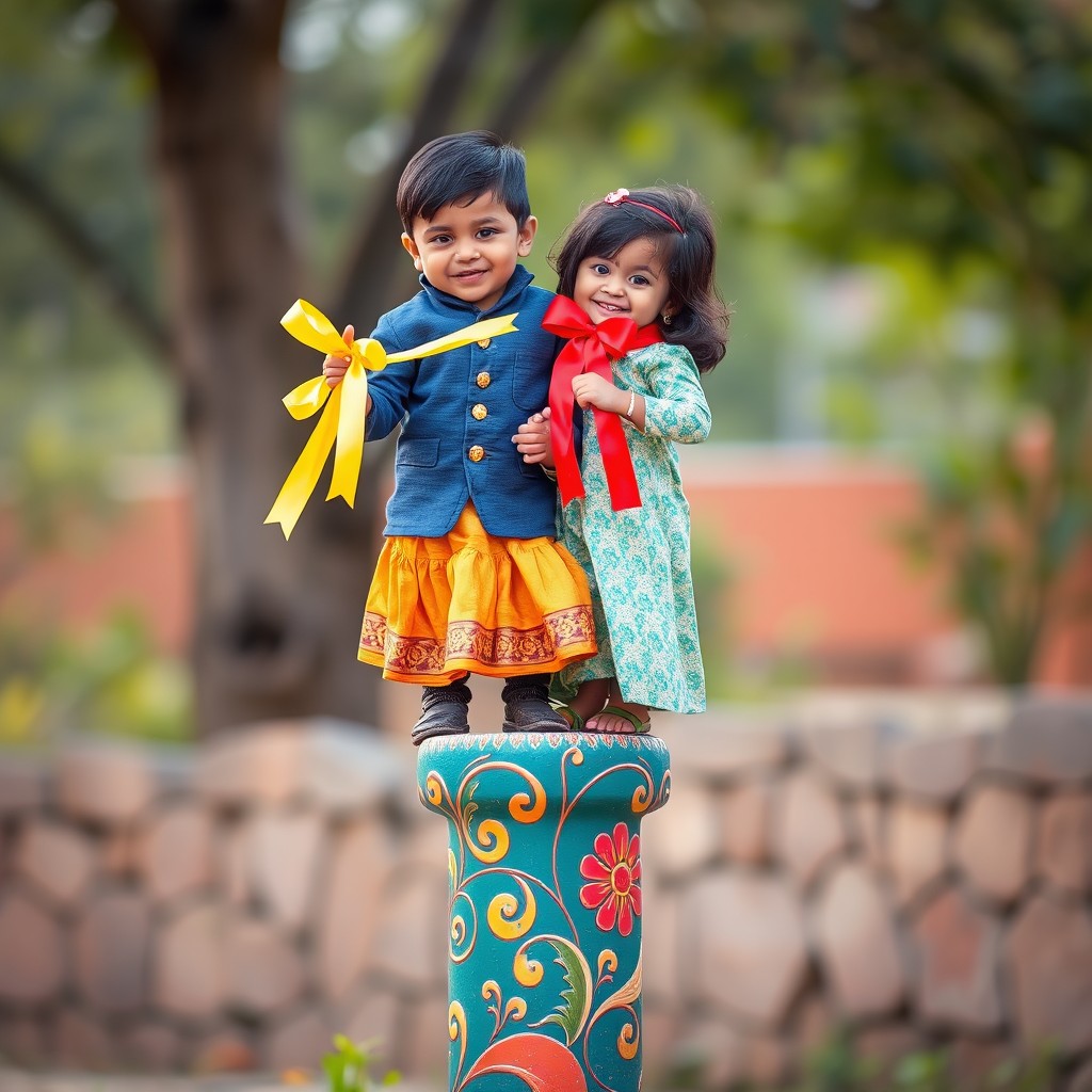 A charming scene featuring the Indian boy and girl standing together on a beautiful post adorned with an intricate and vibrant pattern inspired by traditional designs