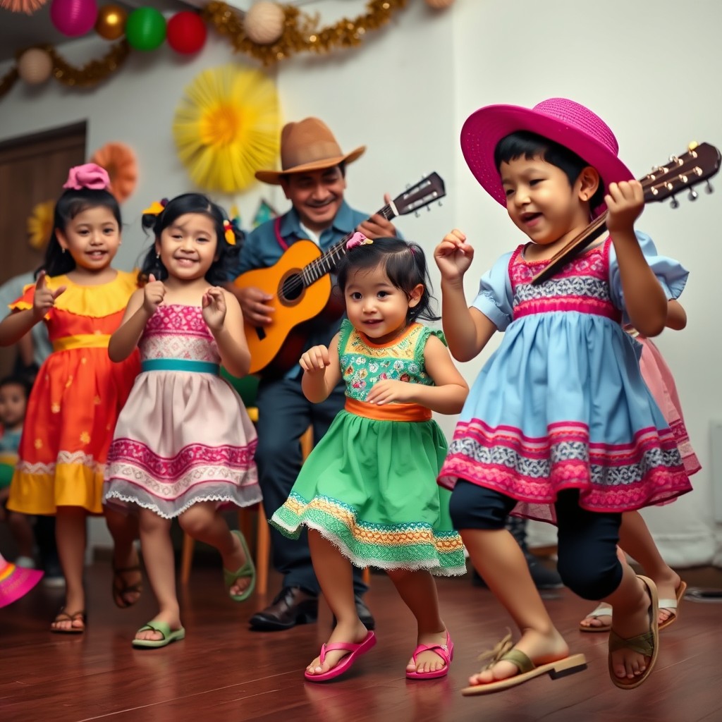 A lively and festive scene capturing a group of children joyfully zapateando, dancing in rhythm to the vibrant beats of a traditional joropo