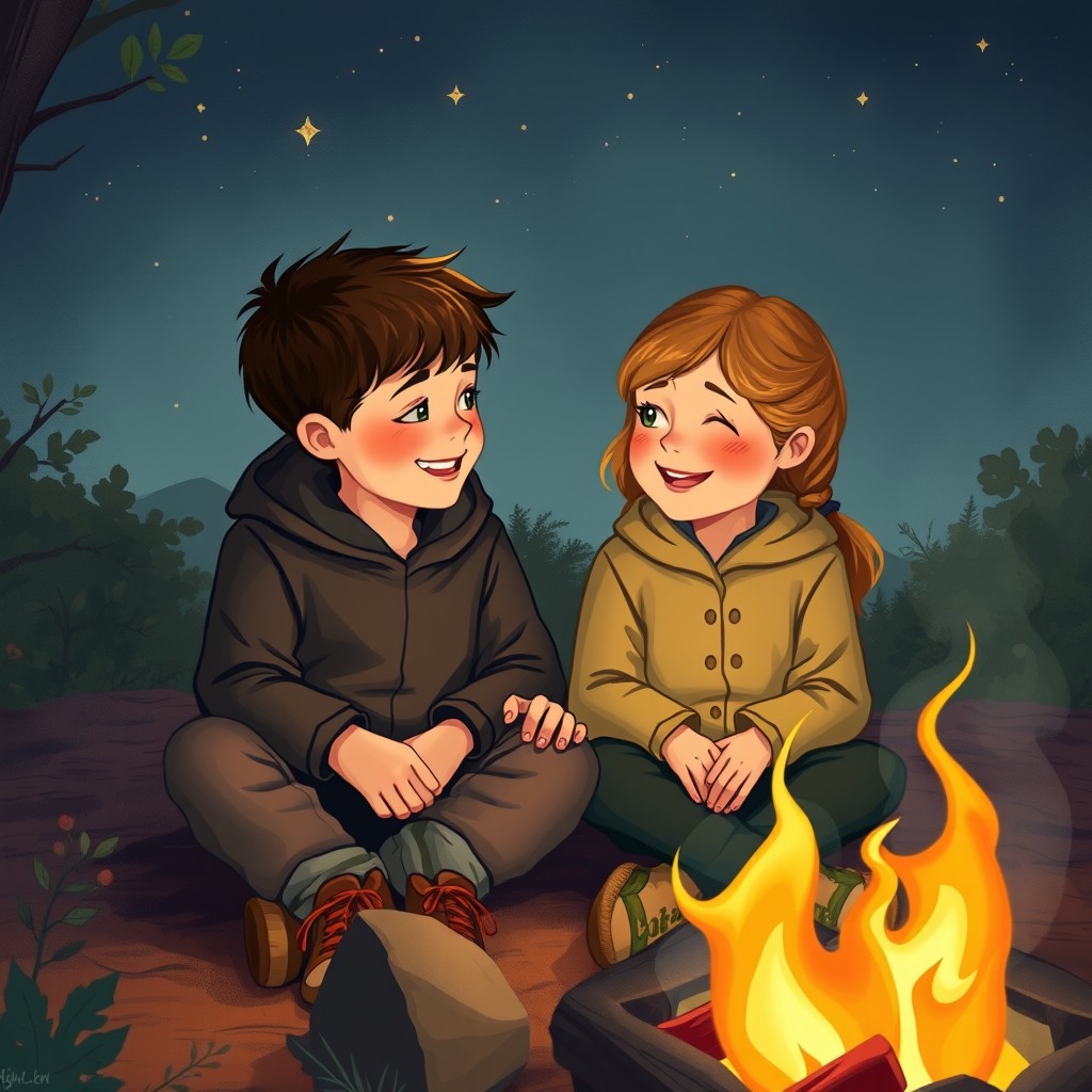A warm and intimate scene depicting a boy and girl sitting side by side, engaged in a heartfelt conversation next to a crackling campfire