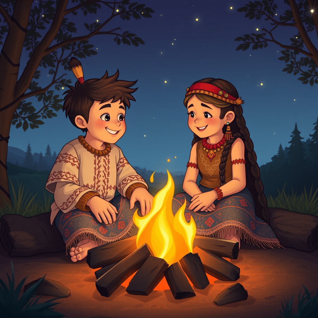 A warm and enchanting scene depicting a boy and girl, styled as indigenous individuals, sitting side by side by a crackling campfire