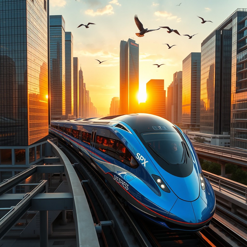 A futuristic high-speed train, named SPX EXPRESS, traversing through a modern cityscape with sleek, aerodynamic design