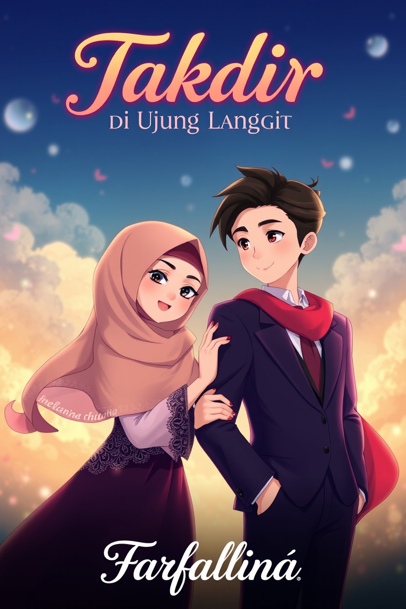 A beautiful animated scene featuring a woman in a hijab gently holding the arm of a handsome man dressed in a suit
