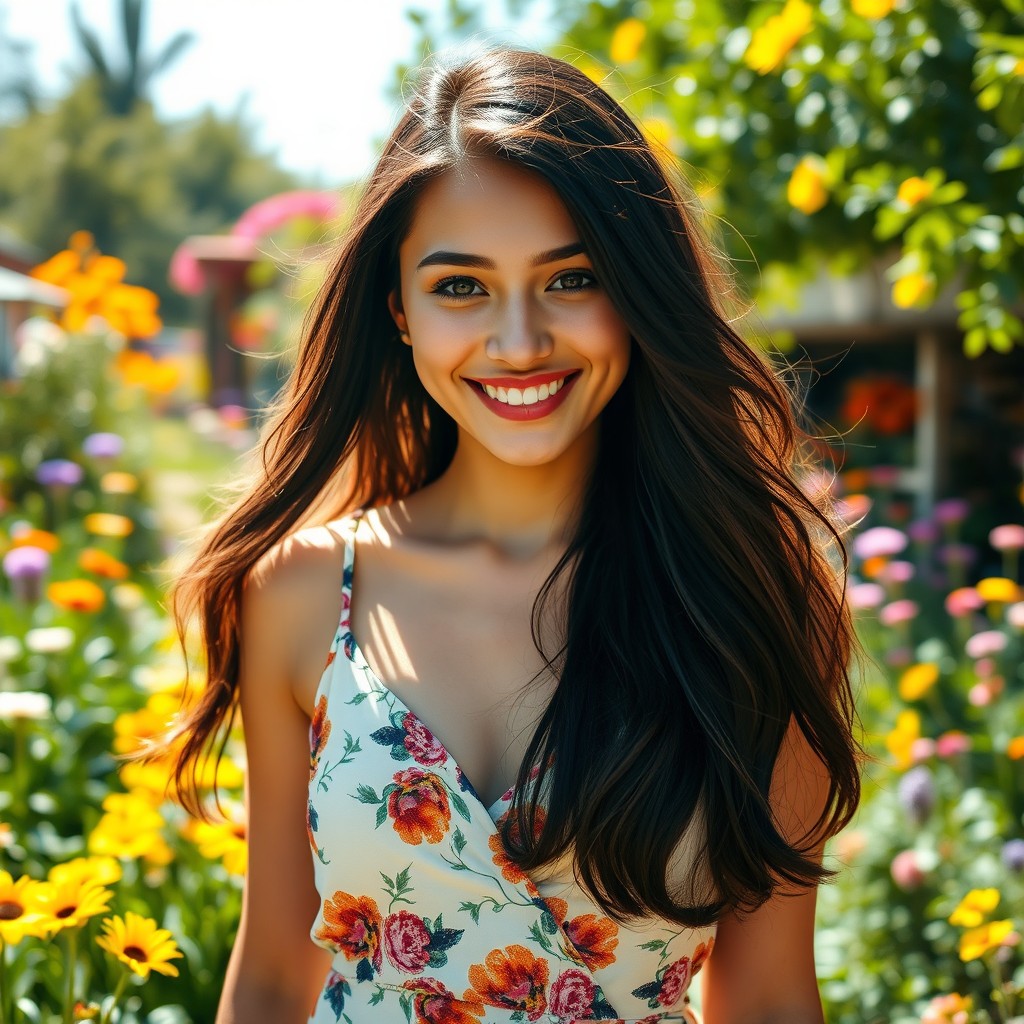 A beautiful young woman, aged 18, standing in a bright, lively environment