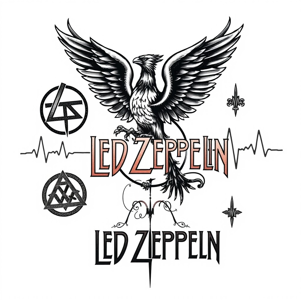 A creative tattoo design featuring iconic Led Zeppelin symbols, such as the Zoso symbol, an image of a soaring phoenix, and an intricate interpretation of the band's logo, interwoven with a stylized EKG heartbeat line that flows rhythmically through the design