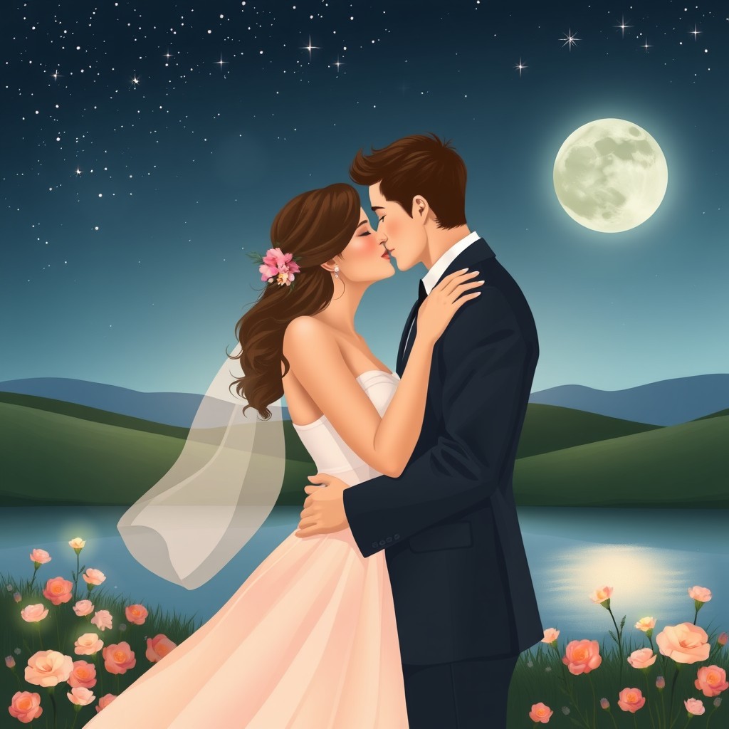 A romantic scene of two lovers kissing under a starry night sky