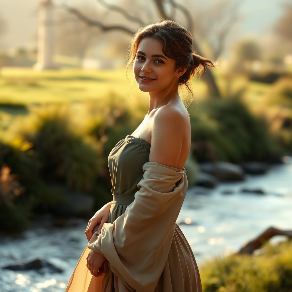 A beautiful young woman, aged 18, depicted in an artistic and tasteful manner, standing confidently in a serene, natural setting
